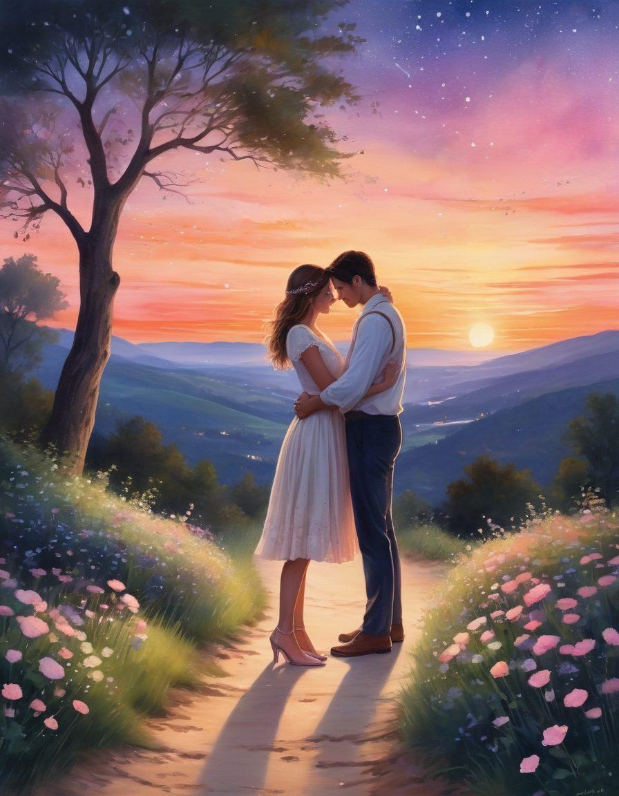 A serene and dreamlike scene illustrating two individuals embracing under a starlit sky, their expressions radiating love and connection. Surround them with blooming flowers and soft, glowing lights that symbolize hope and romance, while a winding path leads to an inviting sunset on the horizon. Include subtle heart-shaped motifs in the background to enhance the theme of soulmates. enchanting. soft colors. watercolor style.