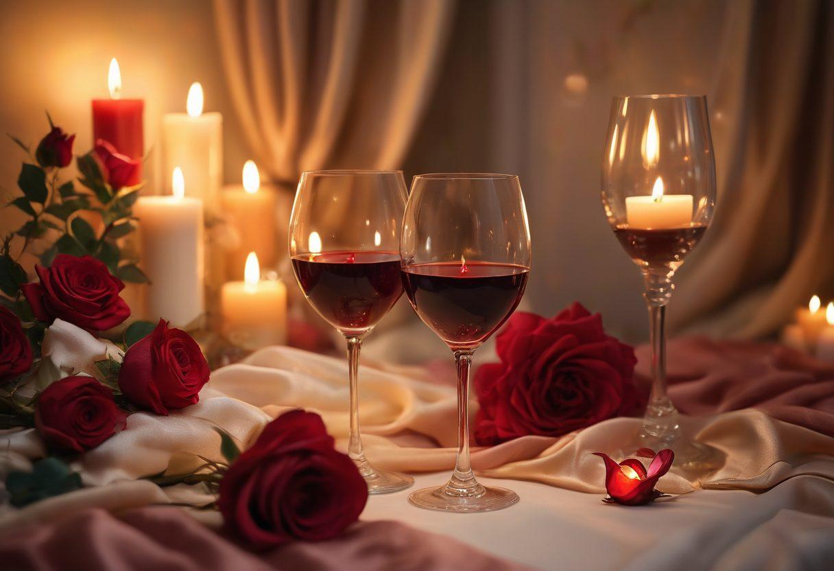 A romantic scene showcasing a couple intimately connecting in a candle-lit setting, surrounded by soft, flowing fabrics and delicate roses. The atmosphere radiates warmth and allure, with hues of deep red and soft gold. Include subtle background elements like wine glasses and fairy lights to enhance the allure of sensual dating. super-realistic. vibrant colors. soft focus.