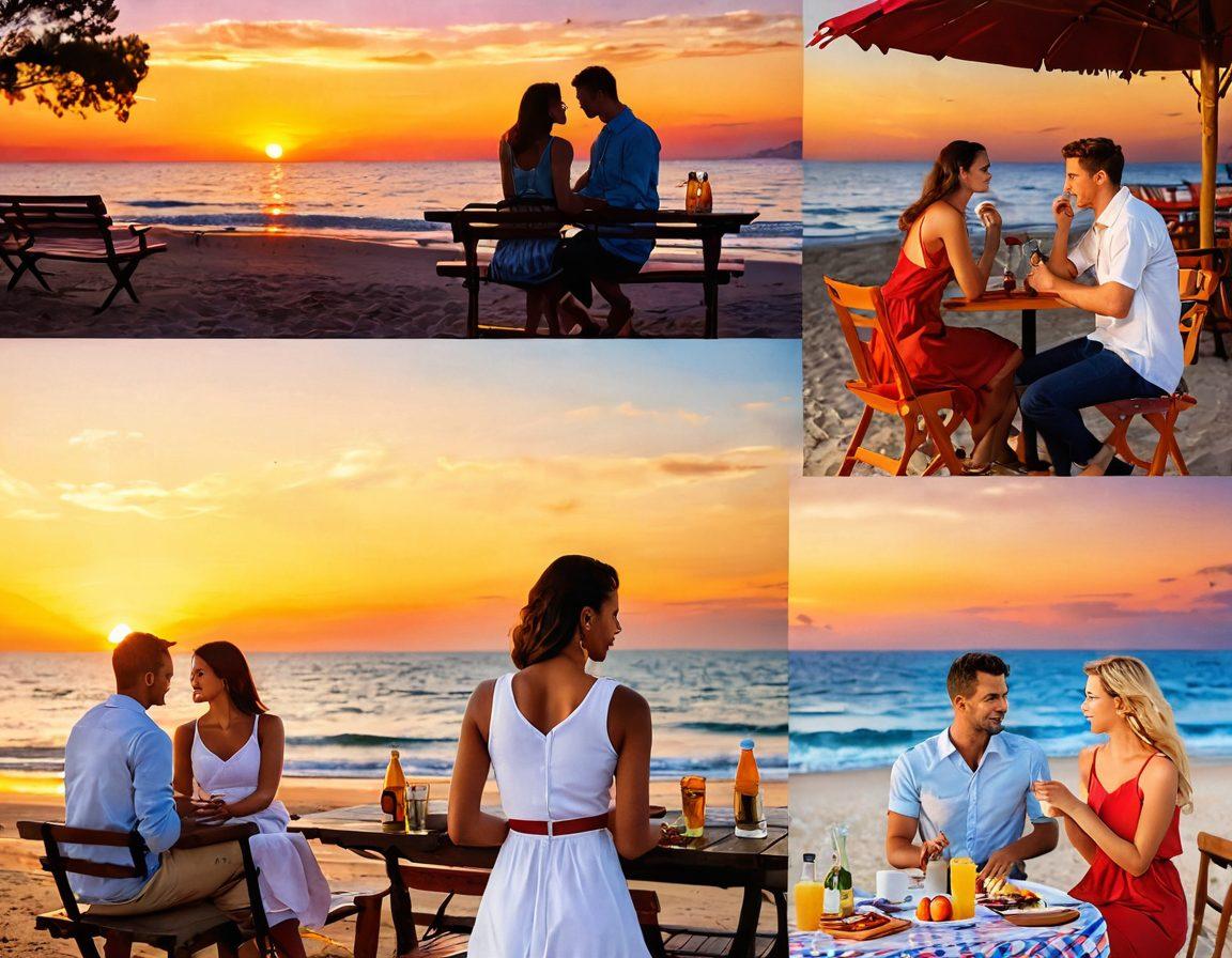A vibrant collage depicting various scenarios of adult dating, featuring a couple sharing a romantic picnic, a lively cafe scene with people engaging in conversation, and a serene sunset walk by a beach. Incorporate elements of passion, courtship, and emotional connections, with warm colors and inviting light. The background should blend these scenes seamlessly, symbolizing the journey of adult dating. vibrant colors. super-realistic.